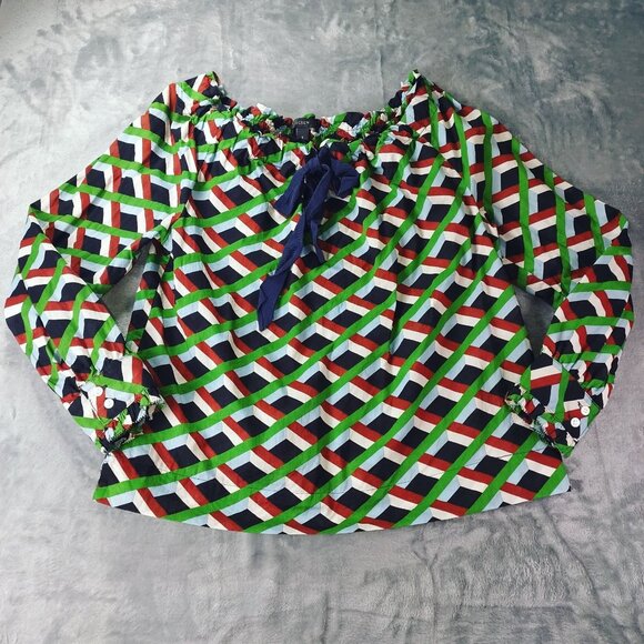 J.Crew Womens Geometric Print Peasant Blouse S Multicolor Bow Tie‎ Boho Top - Picture 1 of 9